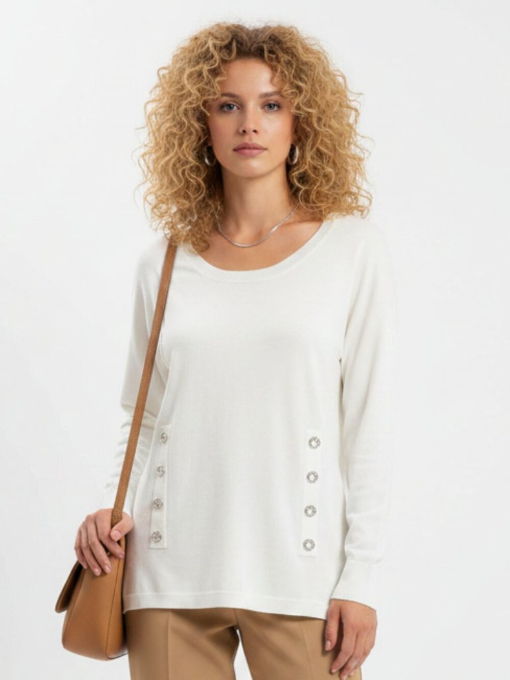 INC White Long Sleeve Knit Sequins Grommet Trim Tunic Top M